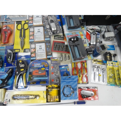 525 - Two boxes of mostly as new electrical items, tools and car accessories, including ultrasonic alarm s... 