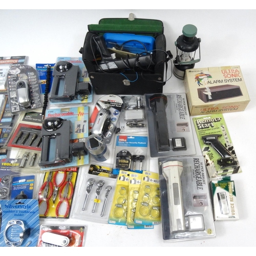 525 - Two boxes of mostly as new electrical items, tools and car accessories, including ultrasonic alarm s... 