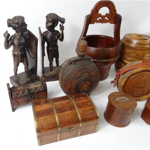 512 - Box of wooden items including flasks, barrel, letter racks, figural book ends etc.