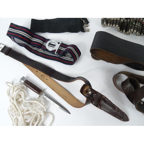 622 - Selection of military interest belts and ammunition belt, brass three drawer telescope etc.