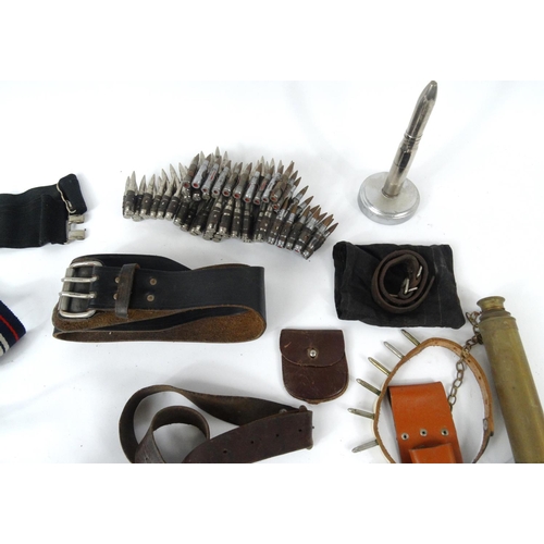 622 - Selection of military interest belts and ammunition belt, brass three drawer telescope etc.