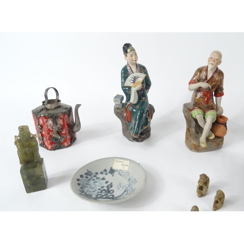 555 - Selection of Oriental China figures, a wax seal set, Tek Sing dish etc.