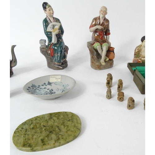 555 - Selection of Oriental China figures, a wax seal set, Tek Sing dish etc.