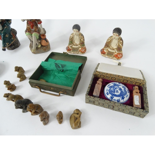 555 - Selection of Oriental China figures, a wax seal set, Tek Sing dish etc.