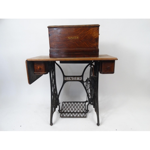 146 - Vintage Singer sewing machine table with some accessories