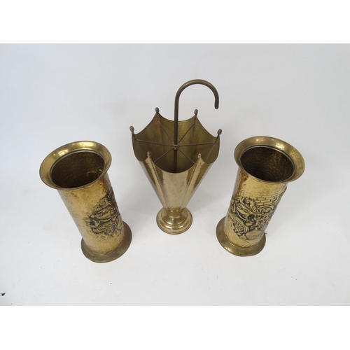 338 - Three brass stick stands, one in the form of an umbrella