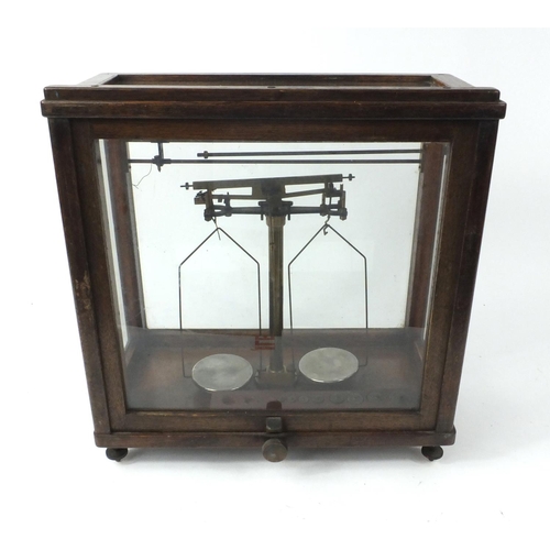 263 - Thomson. Skinner & Hamilton balance scales in a glazed oak case, 44cm high x 44cm wide, 20cm deep