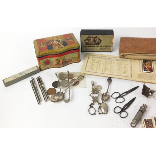 440 - Box of items including snake skin handbags, a silver spoon, Mother of Pearl inlaid box etc.