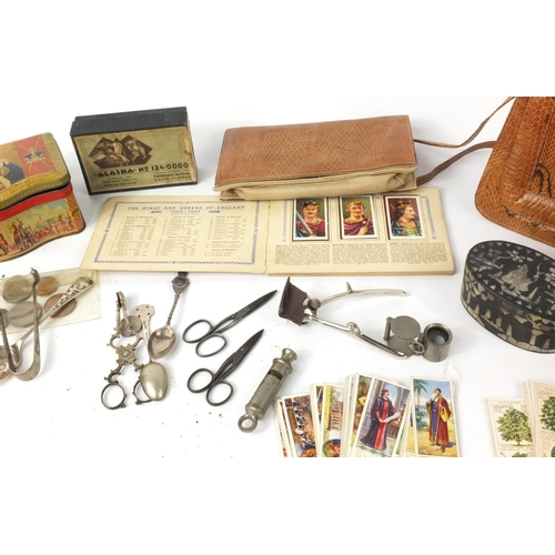 440 - Box of items including snake skin handbags, a silver spoon, Mother of Pearl inlaid box etc.