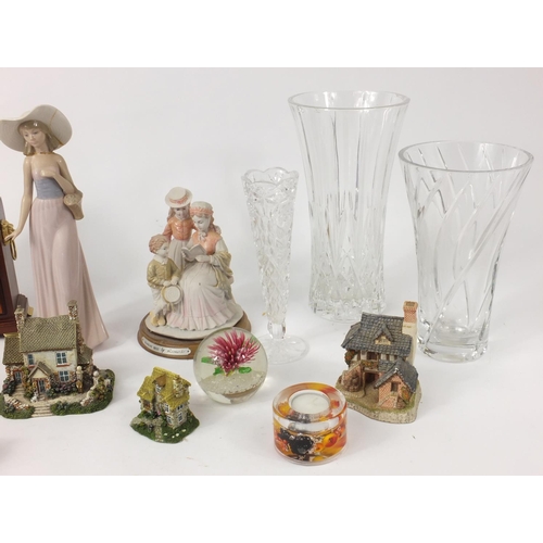 527 - Box of items including China figures, Nao figurine, pair of large cut glass vases, a Churchill Quart... 