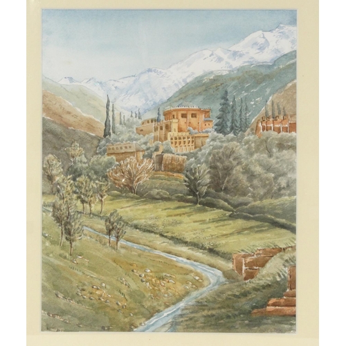 329 - Watercolour view of a lake before castle and mountains, signed Euelien, 31cm x 24.5cm excluding the ... 