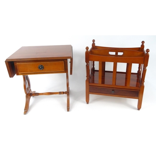 62 - Yew wood drop leaf occasional table with a frieze drawer and a yew wood magazine rack with a drawer ... 