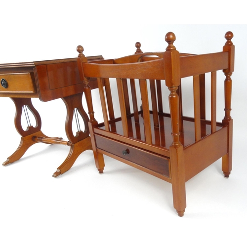 62 - Yew wood drop leaf occasional table with a frieze drawer and a yew wood magazine rack with a drawer ... 