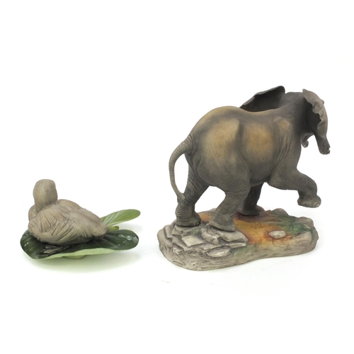 2116 - Boehm porcelain figure of an African Elephant, together with a Boeham porcelain figure of a duckling... 