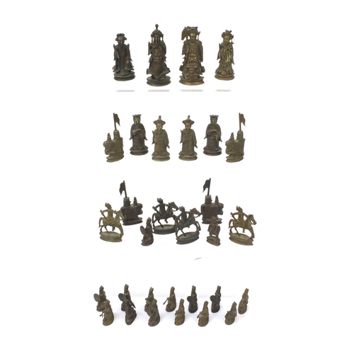 2622 - Oriental Chinese bronze part chess set, the tallest piece 9cm high