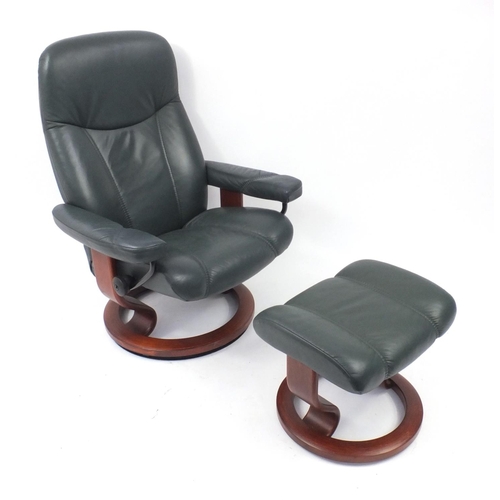 2024 - Ekornes green leather stressless armchair, with matching stool, the chair 101cm high