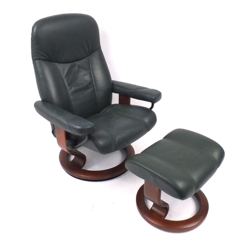 2025 - Ekornes green leather stressless armchair, with matching stool, the chair 101cm high