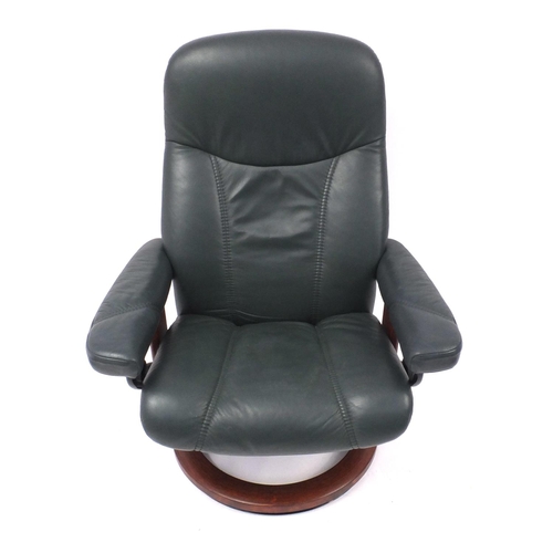2025 - Ekornes green leather stressless armchair, with matching stool, the chair 101cm high