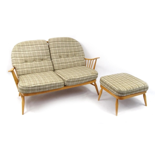 2054 - Ercol light elm stick back two seater settee with matching stool, each with checked upholstered cush... 
