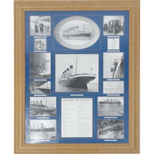 301 - RMS Titanic display history of events in a light wood frame, 93cm x 72cm excluding frame