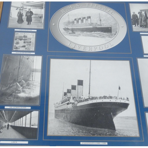 301 - RMS Titanic display history of events in a light wood frame, 93cm x 72cm excluding frame