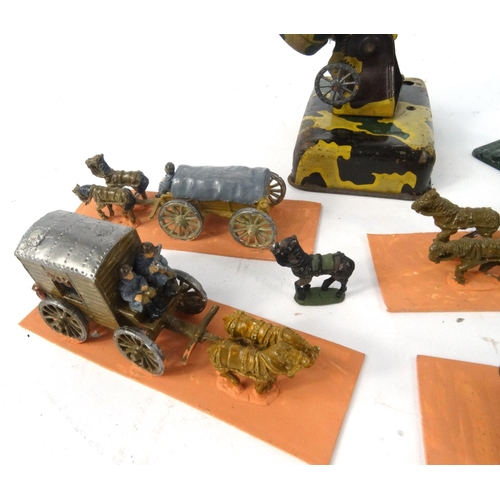 407 - Small selection of hand painted lead military figures, including a Britain style search light, horse... 