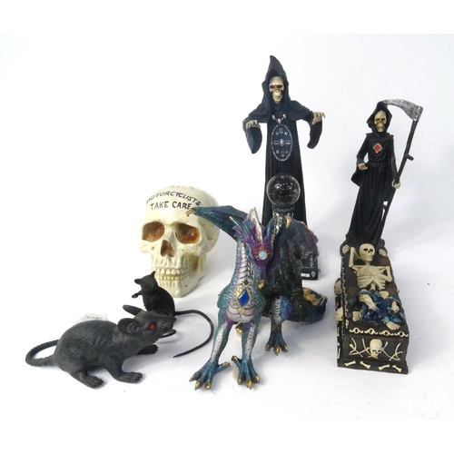 243 - Collection of Gothic figures including death figures, skull money box, colourful dragon etc.