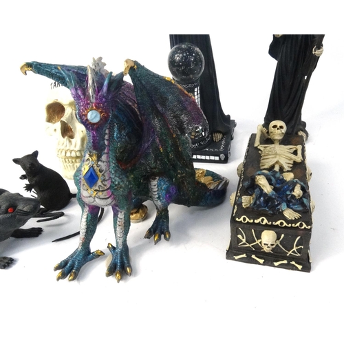 243 - Collection of Gothic figures including death figures, skull money box, colourful dragon etc.