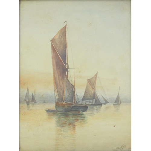 116 - Four watercolour views of rigged sailing boats at sea, all mounted and framed