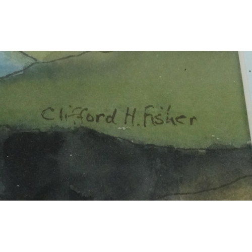 302 - Clifford H Fisher signed water colour, of North Somerset coast, mounted and framed, 33cm x 26cm excl... 