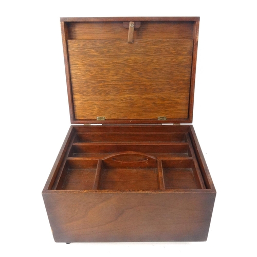 160 - Mahogany workbox with hinged lid and lift out tray, 24cm high x 37cm wide x 29cm deep