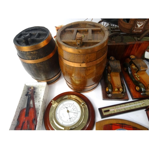 489 - Box of wooden items, including barrels, model boat, car book ends and a large model horse and coach