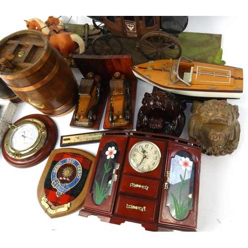 489 - Box of wooden items, including barrels, model boat, car book ends and a large model horse and coach