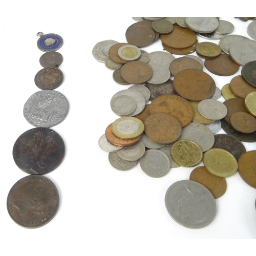 415 - Tin of mostly British pre decimal coins, including 1853 penny, commemorative medallions, enamelled s... 