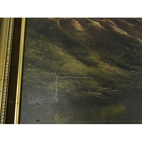 268 - David .A. James signed large oil on canvas, of a lake through mountains, gilt framed, 91cm x 73cm ex... 