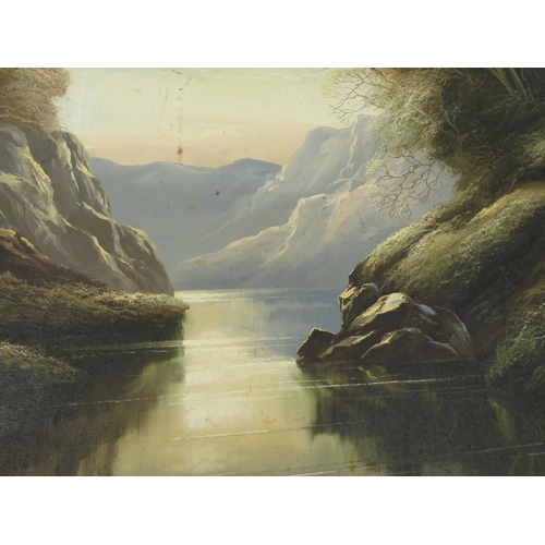 268 - David .A. James signed large oil on canvas, of a lake through mountains, gilt framed, 91cm x 73cm ex... 