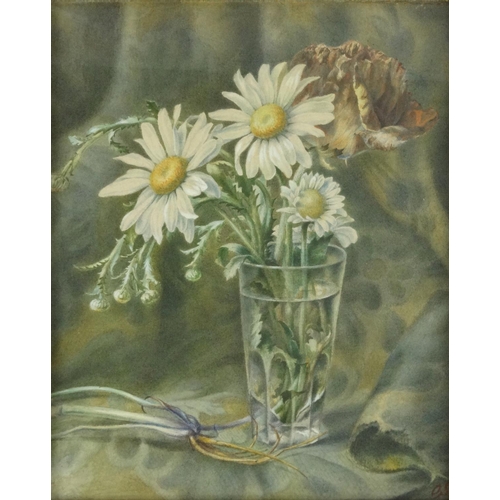 352A - Watercolour view of daisies in a glass, indistinct monogram to the corner, gilt framed, 25cm x 20cm ... 