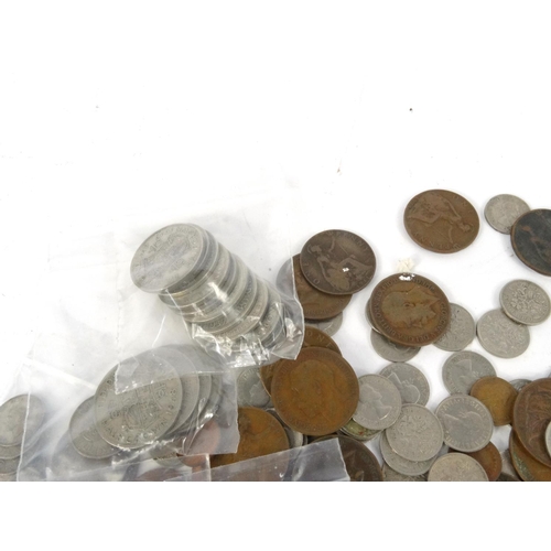 417 - Large selection of mostly British pre decimal coins, including half crown, six pences, pennies etc.