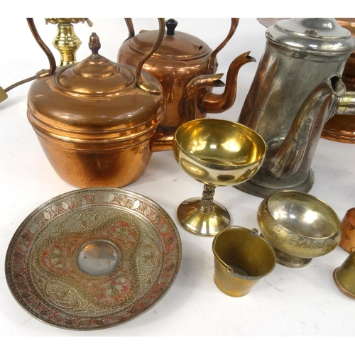 502 - Assorted metal wares, including copper kettle, brass reading lamp etc.