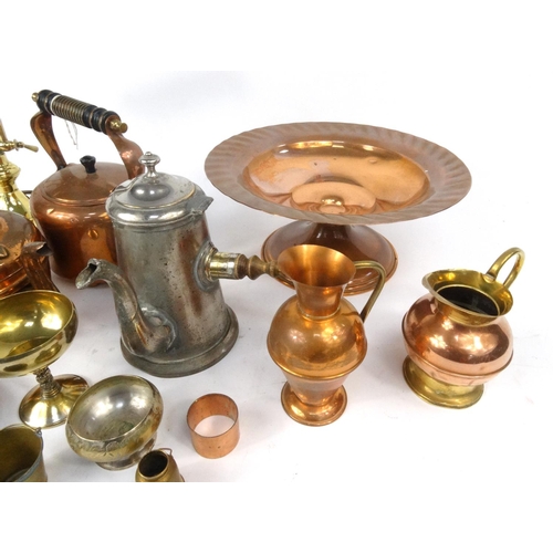 502 - Assorted metal wares, including copper kettle, brass reading lamp etc.