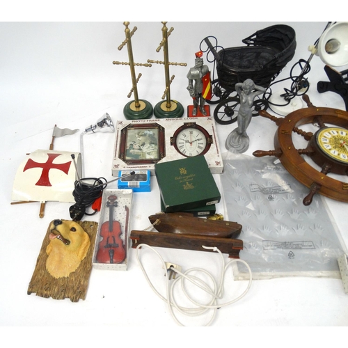 497 - Box of items, including ships wheel clock, WMF dishes, decorative figures, dolls pram etc.