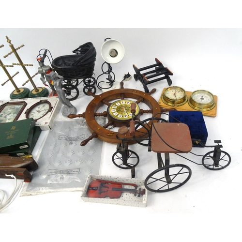 497 - Box of items, including ships wheel clock, WMF dishes, decorative figures, dolls pram etc.