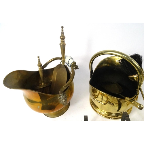 482 - Selection of brass fire tools, including coal buckets, fire dogs, pokers, bellows etc