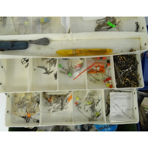 472 - Two boxes of sea fishing tackle, including hooks, rigs lead weights etc.