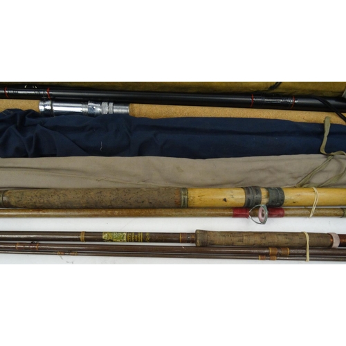 470 - Selection of fresh water and sea fishing rods, a set of waders, tackle box etc.