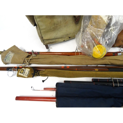 470 - Selection of fresh water and sea fishing rods, a set of waders, tackle box etc.