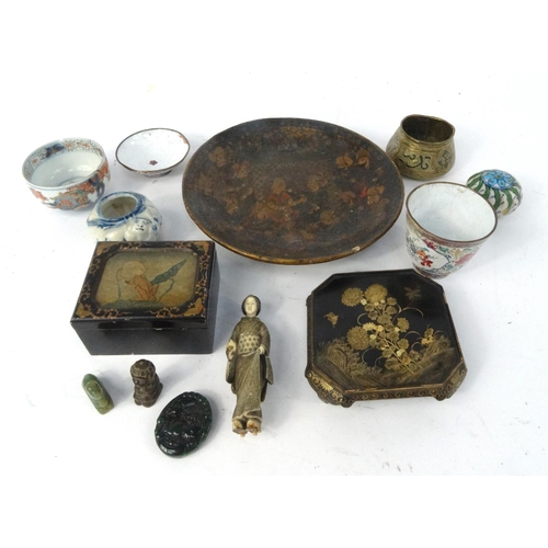 443 - Oriental and Middle Eastern items, including an enamelled beaker, Japanese carved ivory figure, soap... 