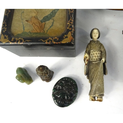 443 - Oriental and Middle Eastern items, including an enamelled beaker, Japanese carved ivory figure, soap... 