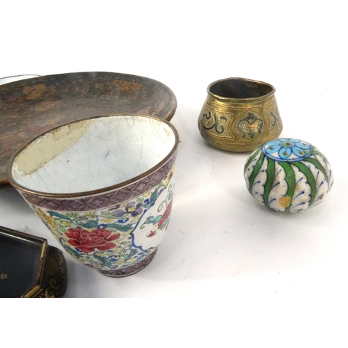 443 - Oriental and Middle Eastern items, including an enamelled beaker, Japanese carved ivory figure, soap... 