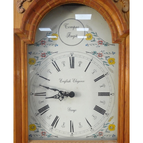 106 - Pine tempus fugit long case clock, 196cm high